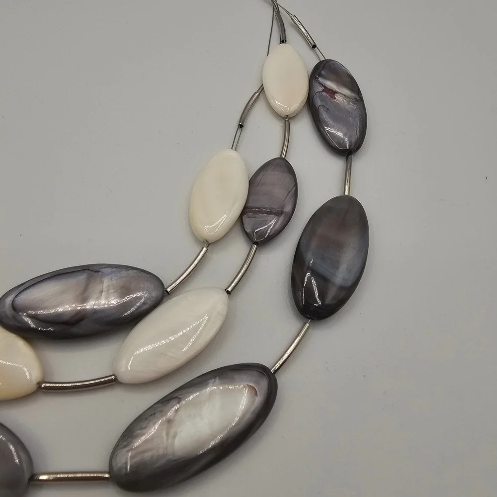 Ali-Khan NY Necklace Multi Strand Grey White MOP Shell Beads Layered 16-19